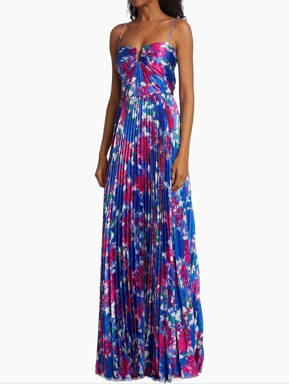 Monique L Huillier Pleated Satin Maxi Dress